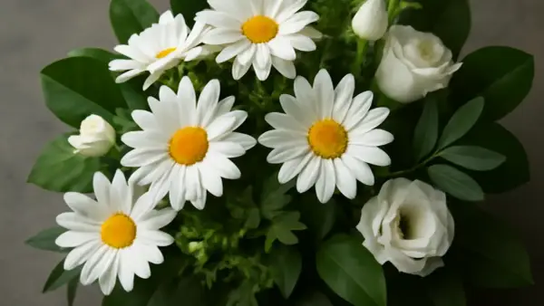 En bukett med vita marguerite blommor och vita rosor, omgiven av gröna blad.